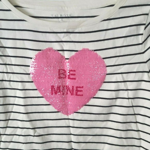 Talbots Stripe Be Mine Sequin Heart Tee 3/4 Sleeve Size XS Ivory Black Pink NWT - Picture 4 of 10
